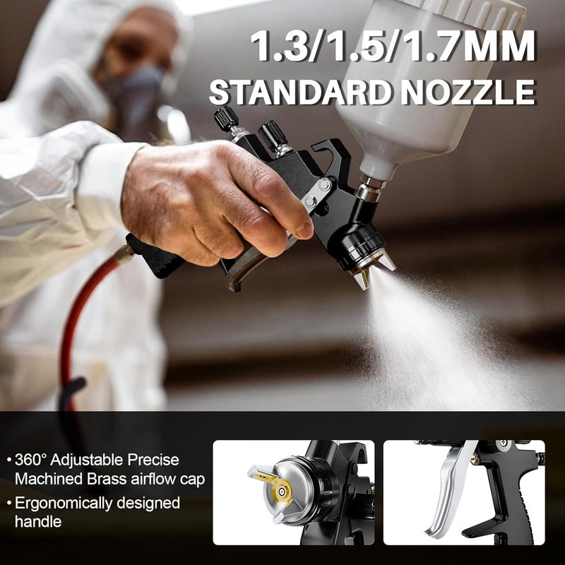 GATTLELIC LVLP Air Spray Gun Premium Kit with 1.3/1.5/1.7mm Nozzle & Air Regulator,Automotive Paint Sprayer, for Cars & House DIY Painting Gun(Black) - Image 2